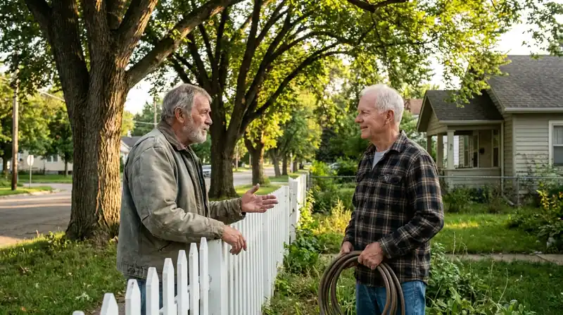 Two neighbors in their late sixties talking across a picket fence on a tree-lined street in the evening