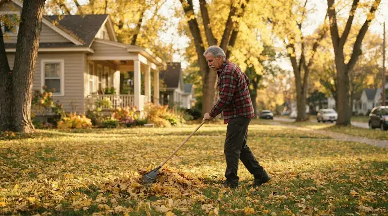 A man in his late sixties raking fallen elm leaves on a front lawn in the afternoon sun