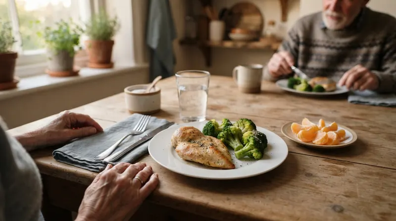 A home supper of pan-fried chicken, broccoli and orange segments with a glass of water on a wooden table