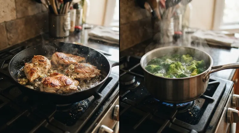 Split image: chicken frying in a skillet on the left and broccoli in boiling water on the right