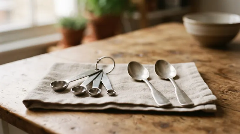 A ring of steel measuring spoons beside two ordinary dinner teaspoons on a linen napkin