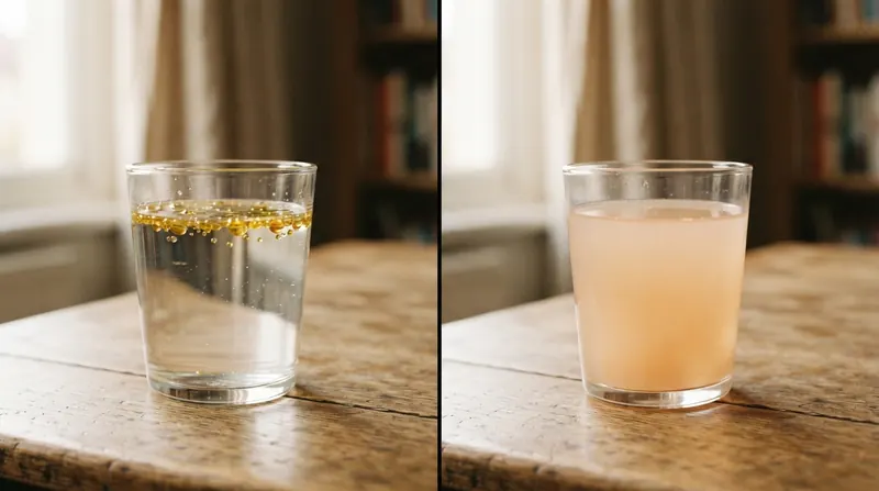 Split image: oil beads floating on a glass of water on the left, and a glass evenly clouded pale orange on the right