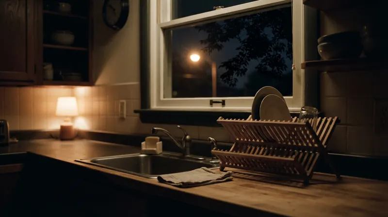A clean kitchen at night with dishes drying in a rack and a street lamp glowing through the window