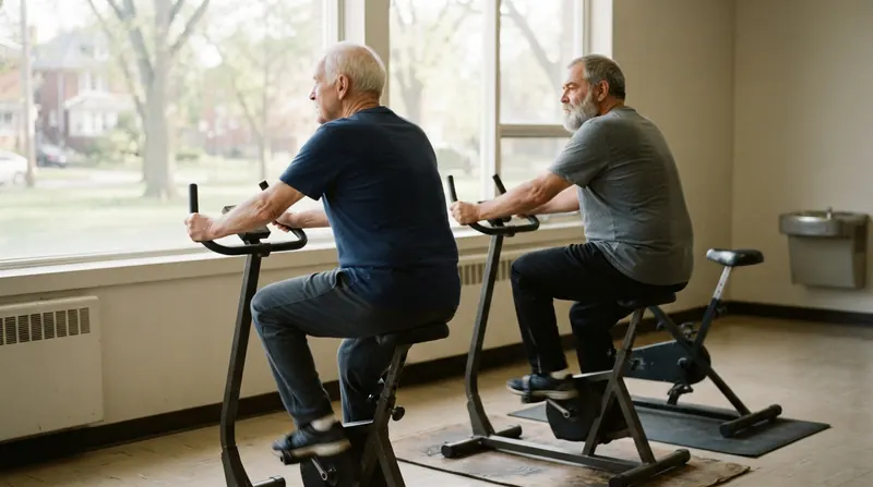 Two men in their late sixties pedaling stationary bikes side by side in a bright community center room