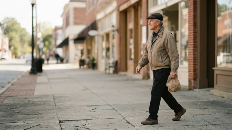 A man in his late sixties walking along a small-town main street in the morning with a small paper bag