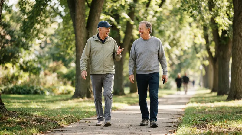 Two men in their late sixties walking briskly and talking on a sidewalk under elm trees in the morning