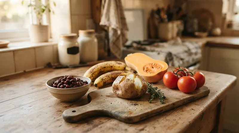 Kidney beans, a baked potato with skin, bananas, a halved squash and tomatoes on a kitchen counter