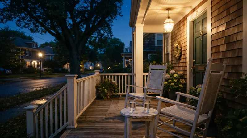 Two empty rocking chairs on a front porch at dusk with two glasses of water on a small table between them
