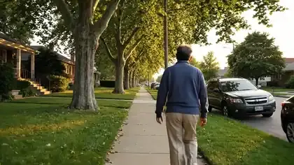 A man in his late sixties walking away along a sidewalk under elm trees in the early evening