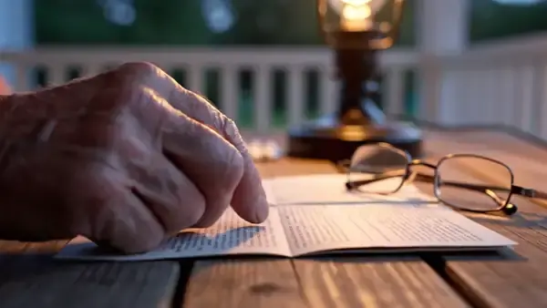 An older man's finger following one line of small print on a folded leaflet beside his reading glasses