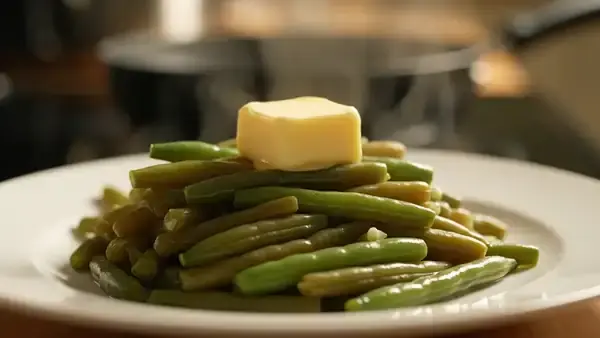 A pat of butter melting on a plate of steamed green beans