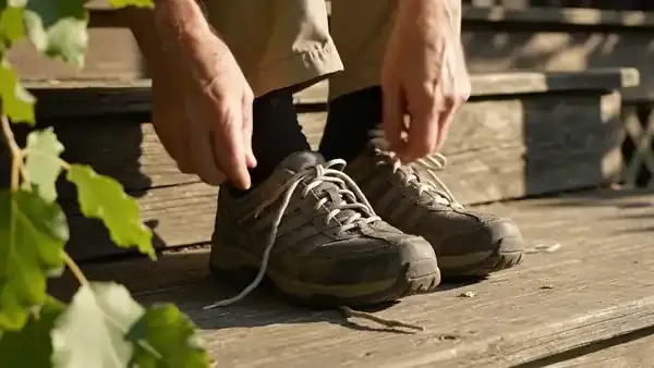 An older man's hands double-knotting the laces of his walking shoes on a porch step in the morning