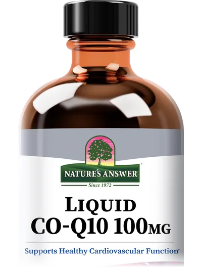 The amber glass bottle of Nature's Answer Liquid CO-Q10 100 mg, as photographed by the maker